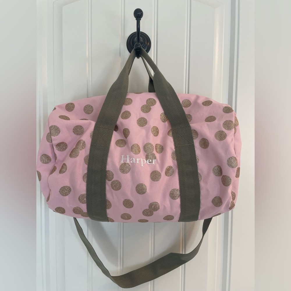 EUC Pottery Barn Kids Small Duffel, Monogram HARPER, pink with gold glitter dots